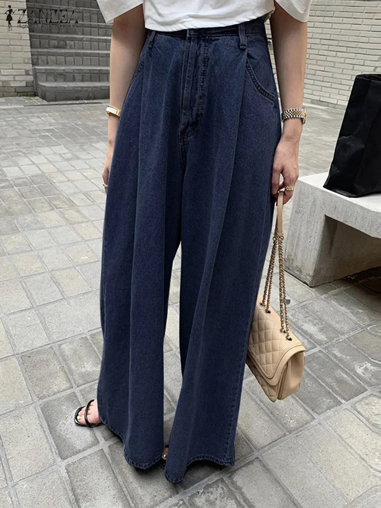 ZANZEA Summer Vintage Jeans Pants Women High Waist Solid Loose Wide Leg Trousers Casual Denim Long Pantalon Holiday Streetwear