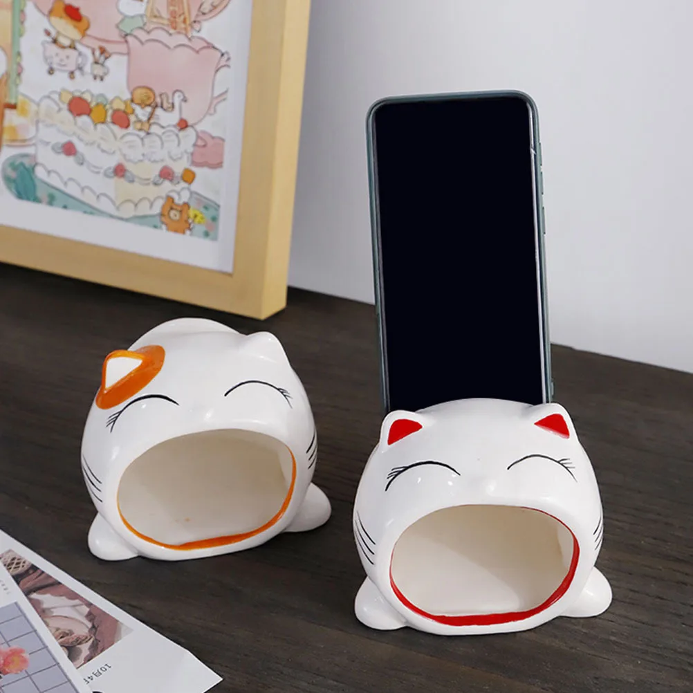 

Desktop Phone Holder Ceramic Cat Design Multi-Function Mobile Phone Stand Physical Sound Amplifier Rack for Convenient Table