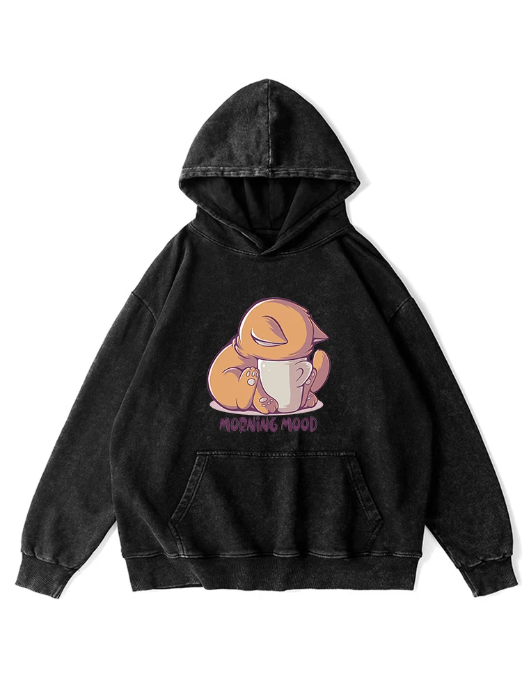 

Morning Good Funny Kawaii Pattern Print Woman Washed Distressed Hoody Casual Comfortable Hooded Fashion Cotton Autumn Warm Tops