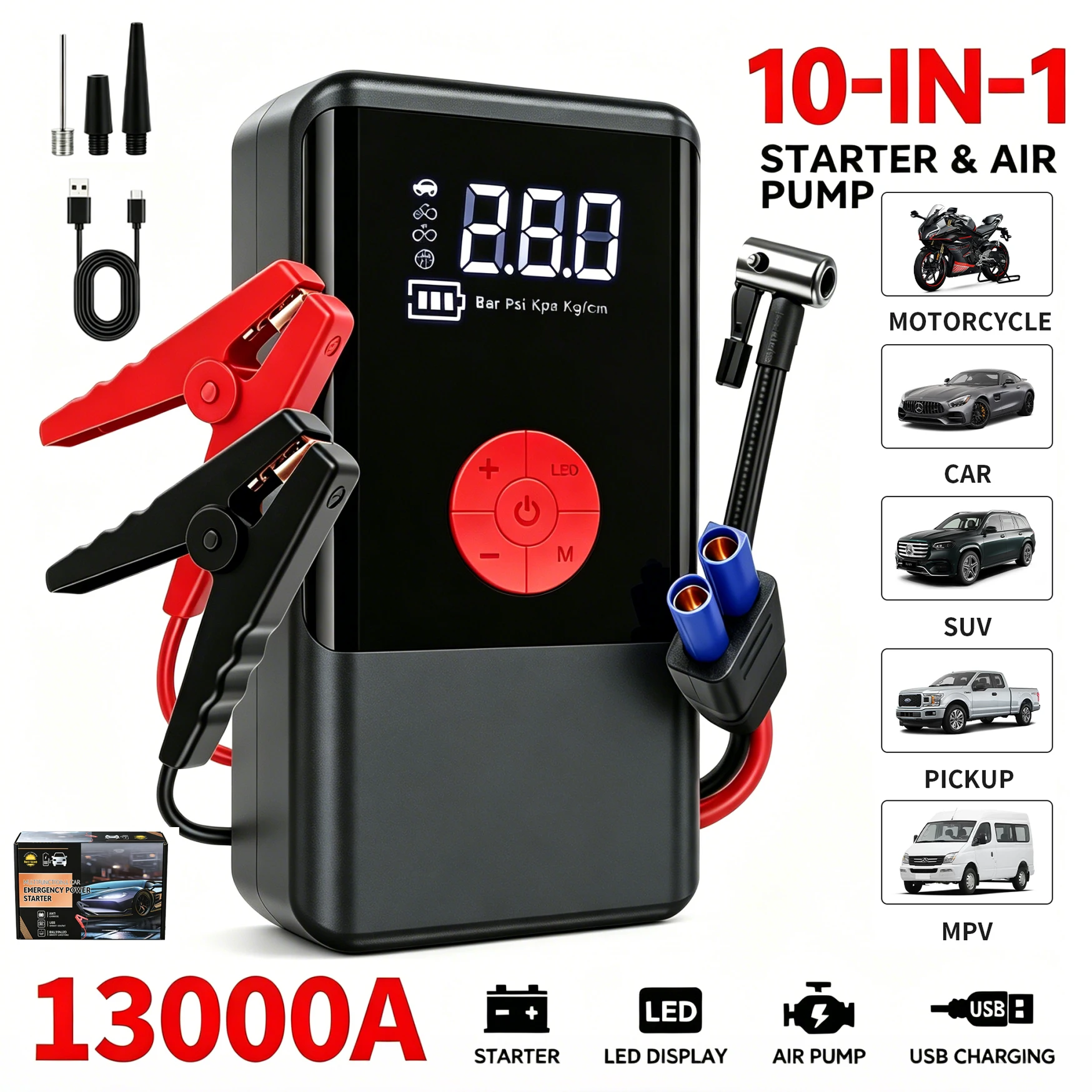 150PSI Air Pump Car Battery Emergency Boosters ,7000A/1500A PEAK Car Jump Starter Power Bank ,Portable Starting Device Car Starter New,Cars with USB Ports And LED Flashlight, 26800mAh/21800mAh Portable Car Jump Starter, Battery Jump Starter