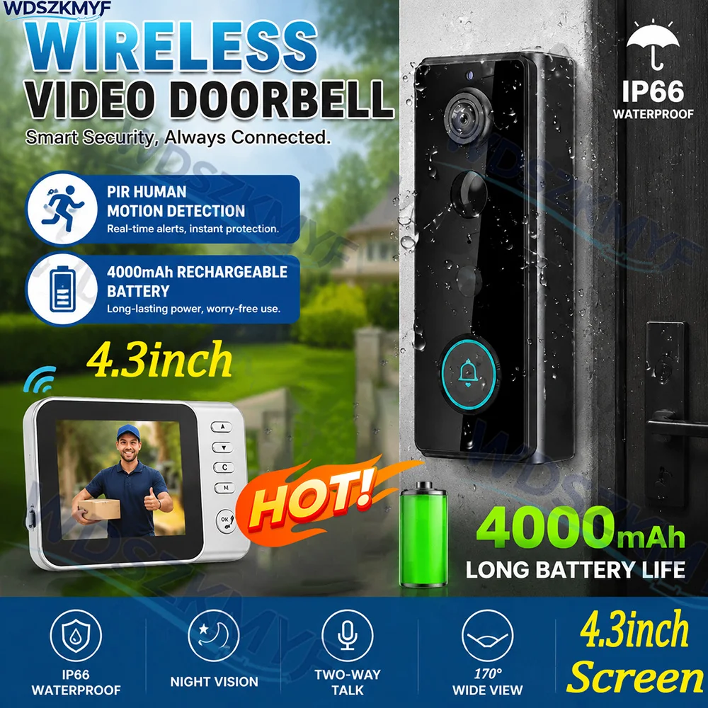 双方向インターホン防水ワイヤレス-wifi-ビデオドアベルシステム-170-°-1080p-ドアホン-ドアカメラ-43インチ画面-ホームセキュリティ