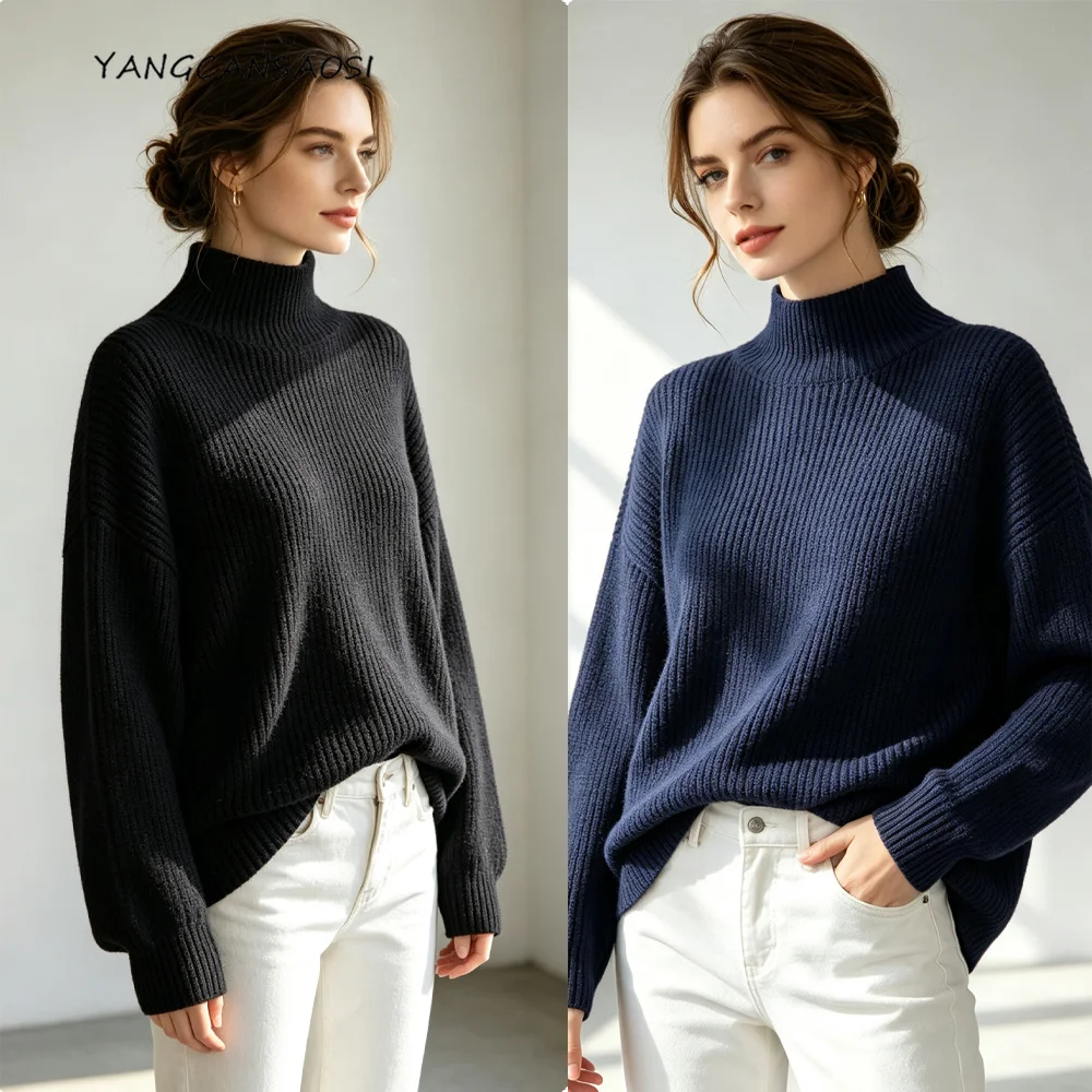 Women's Autumn New Thickened Solid 85% Natural Mulberry Silk 15% Cashmere Semi High Neck Long Sleeved Knitted Pullover Sweater