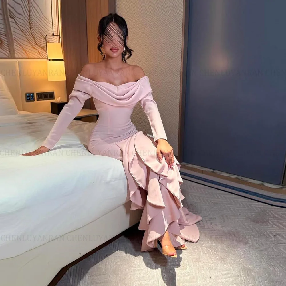 

MOLISA Элегантное розовое вечернее платье в Дубае по индивидуальному заказу с открытыми плечами и длинными рукавами, платье русалки длиной до пола с оборками