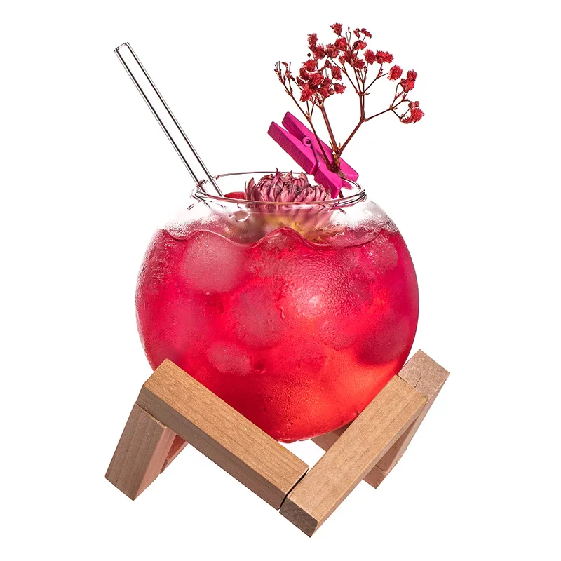 

480ml Spherical Cocktail Glass With Wood Stand Unique Shape Bar Glassware Drink Cup Round Ball Cocktail Cup Glass Cup Bar Tool