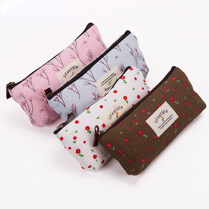 Cute Kawaii Floral Flower Canvas Zipper Pencil Cases Fabric Flower Tree Pen Bags School Supplies