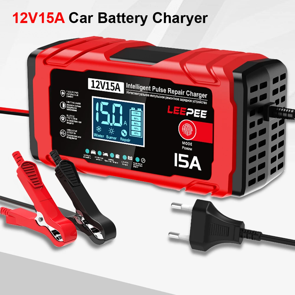 

Car Motorcycle Battery Charging 12V 15A 12A Maintenance Lead-Acid Smart Battery Charger Intelligent Pulse Repair Multifunctional