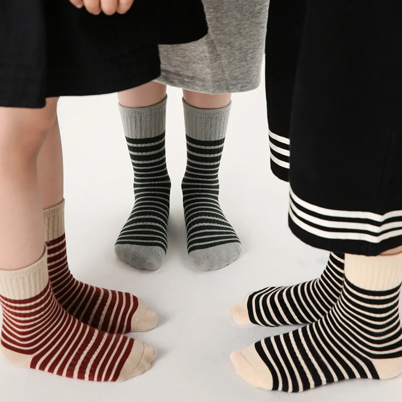 3Pairs/Lot 3-12Year Children's Socks 2023 Autumn New Simple Stripe Baby Mid tube Socks Cotton Boneless Boys and Girls' Socks