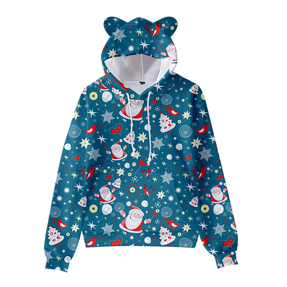 Desenhos animados de Papai Noel 3D Christmas Hoodies, orelhas de gato, crianças, crianças, adulto, pai, moda, fofo