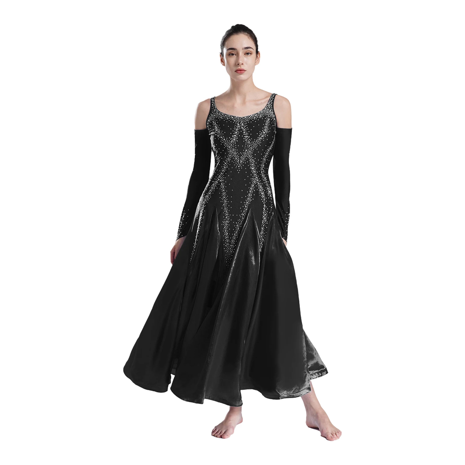 Womens Ballroom Dance Dress V Neck Backless Modern Lyrical Dance Costume Shiny Rhinestones Wide Hemline Dress with Neck Ring