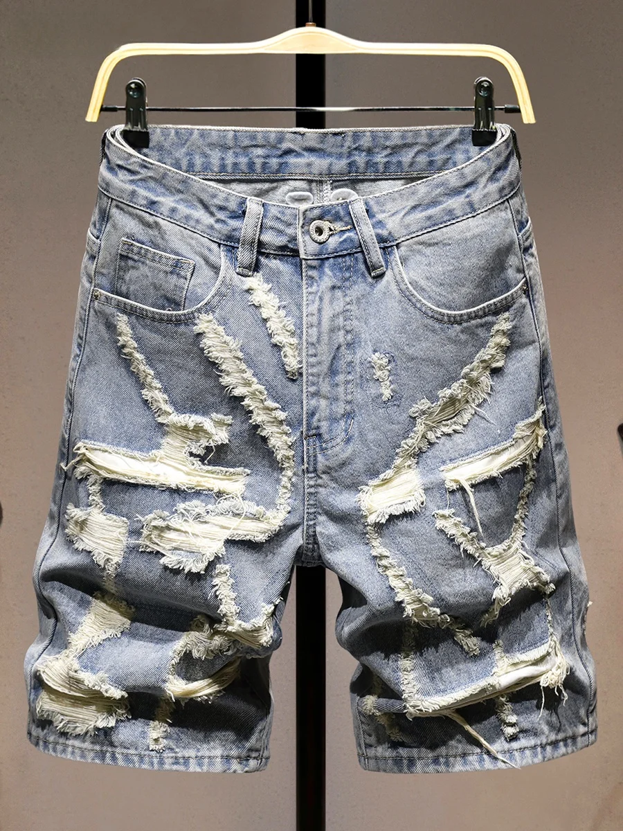 

Мужские джинсовые шорты American High Street Heavy Du, модные свободные шорты до колен, из смесового хлопка и полиэстера