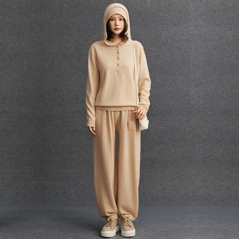 Women's matching set 100% Cashmere half open hooded sweater casual solid color knitted lantern pants pocket two-piece set