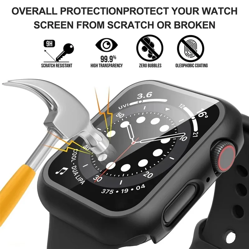 Tempered Glass+cover For Apple Watch 9 8 44mm 40mm 42mm 38mm 41mm 45mm PC bumper Screen Protector Case iWatch series 7 6 5 3 se