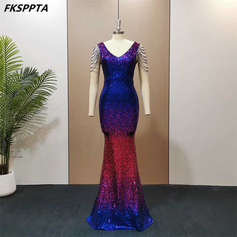 

Colorful Sequins Long Evening Dress With Beading V Neck Floor Length Women Special Occasion Gowns For Wedding Party In Stock