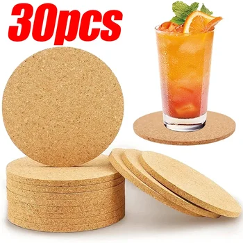 30/1 Uds. Tapete para tazas, almohadillas redondas de madera naturales, posavasos de corcho antideslizante, taza de té y café, soporte para bebidas para decoración de mesa, vajilla DIY