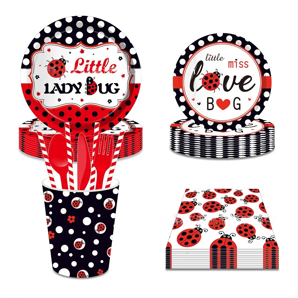 8Guests Little Lady Bug Disposable Tableware Coccinella Septempunctata Plates Napkin Insect  Theme Happy Birthday Party Dec kids