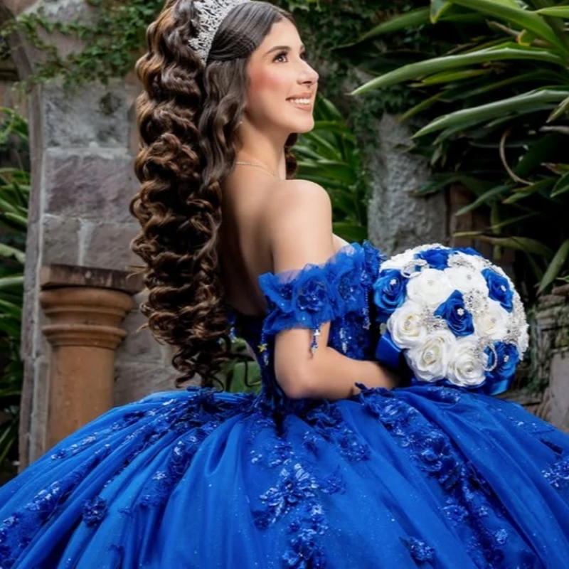 Королевские синие блестящие платья Quinceanera с открытыми плечами, аппликация, кружево, бисер, кристалл, тюль, корсет, вечерние, день рождения, милое платье 16,