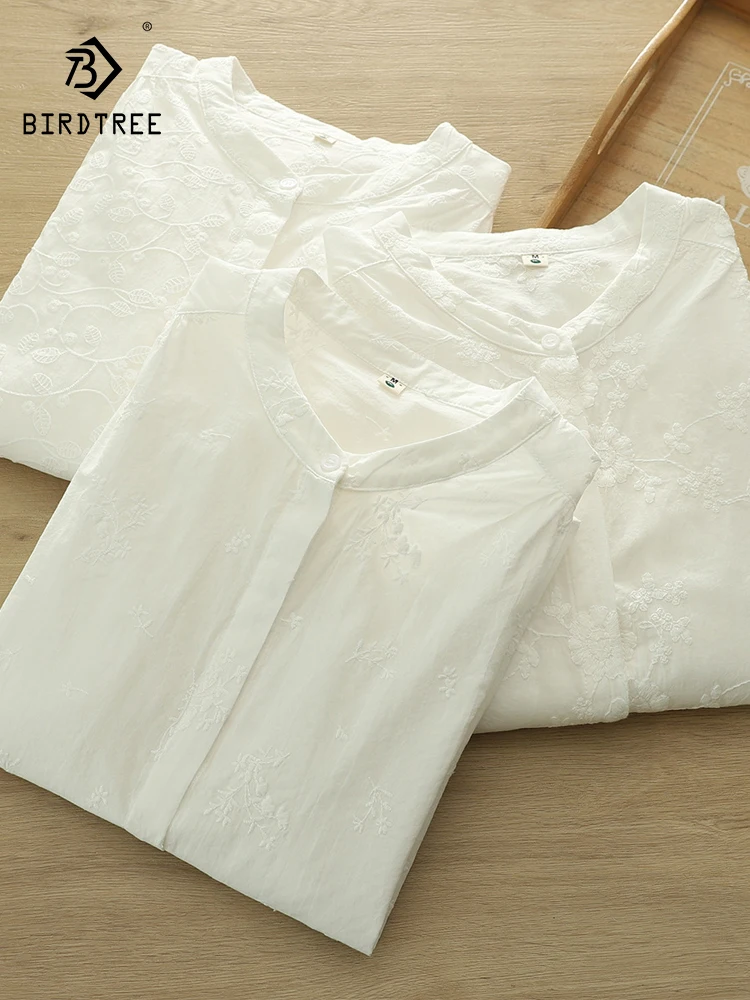 

New 2025 Autumn Cotton Long Sleeve Shirt, Women Stand Embroidery Button, Mori Girl Temperament Commute Loose Blouse T58123CC