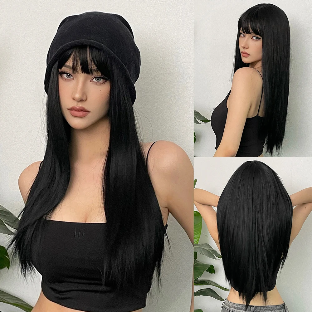 Women's Dark Brown Long Straight Synthetic Wig with Bangs