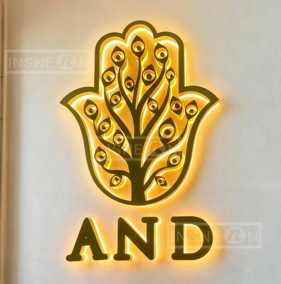 

3D Metal Signs Chandelier Lights Letters in Hebrew Gold Custom Business Backlit LED Logo Mirror Company Advertising Aesthetic Up