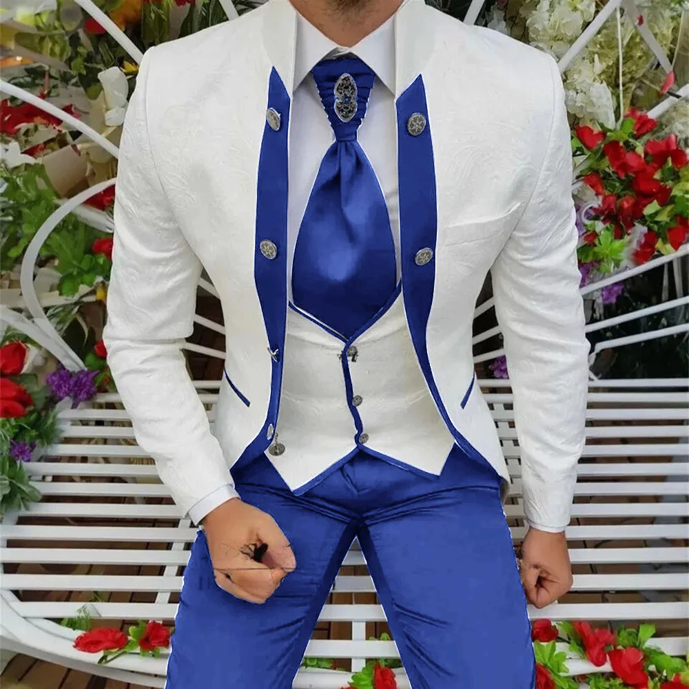 Elegant Men\'s Suit Wedding Groom Tuxedo Royal Blue with White Pattern Jacket Pants Vest Three Piece Set Formal Suits Mens