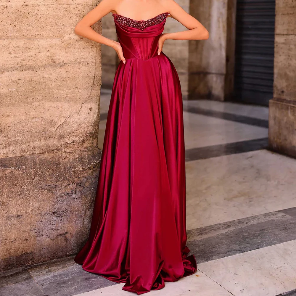 

A-line Women's Evening Dresses Floor-length Strapless Sleeveless Prom Gown Fashion Crystal Draped Backless Customized Gowns