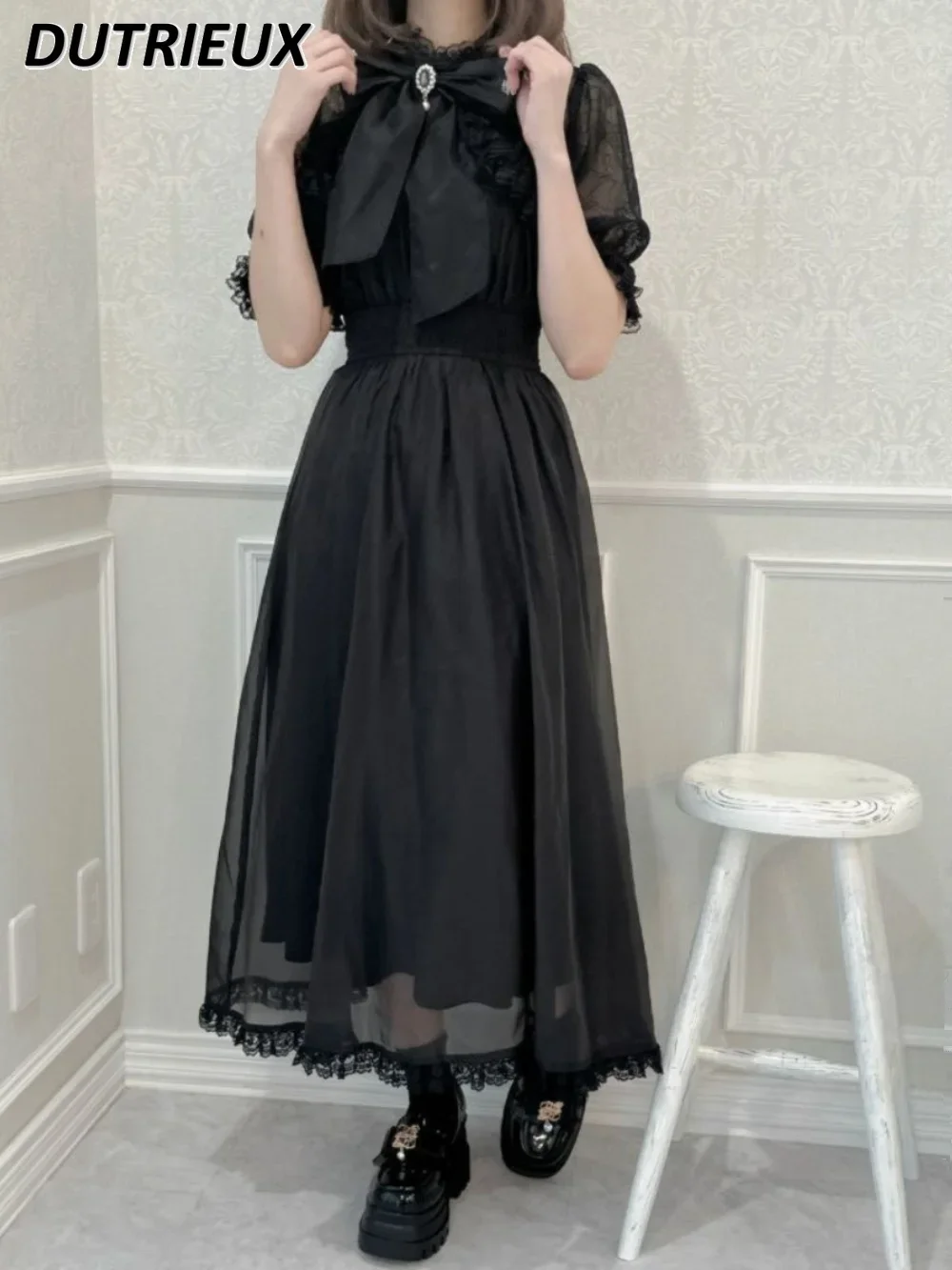 

Mine Rojita Sweet Girl Waist-Tight Long Dress Lace Japanese Style Mass-Produced Elegant Short Sleeve Large Swing Maxi Dresses