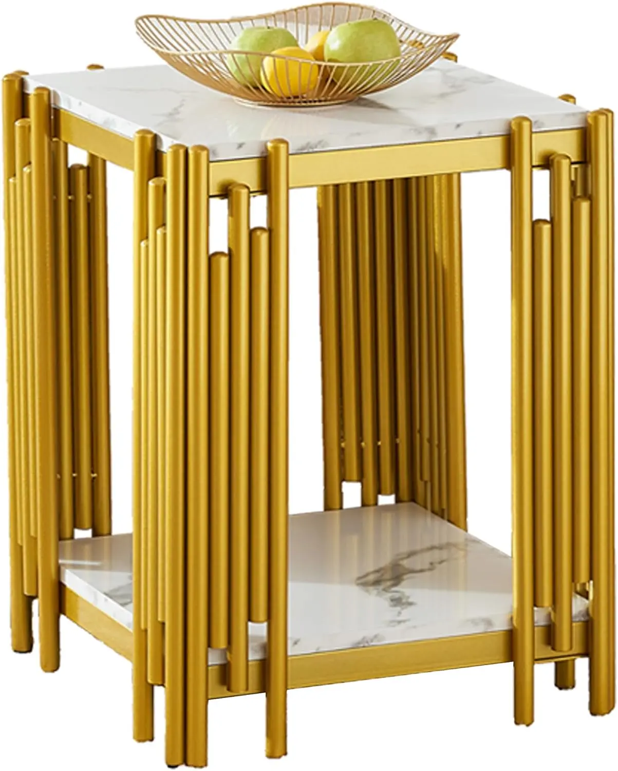 Mesa final quadrada de mármore branco com estrutura de metal dourado, mesa lateral de mármore falso de 2 camadas com armazenamento, mesa lateral moderna de meados do século f