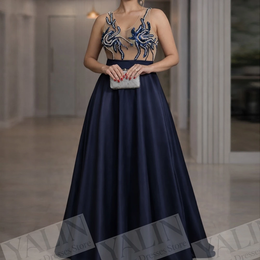 

Women's A-line Evening Dresses Floor-length Scoop-neck Sleeveless Prom Gown Fashion Beading Draped Backless Customized Gowns