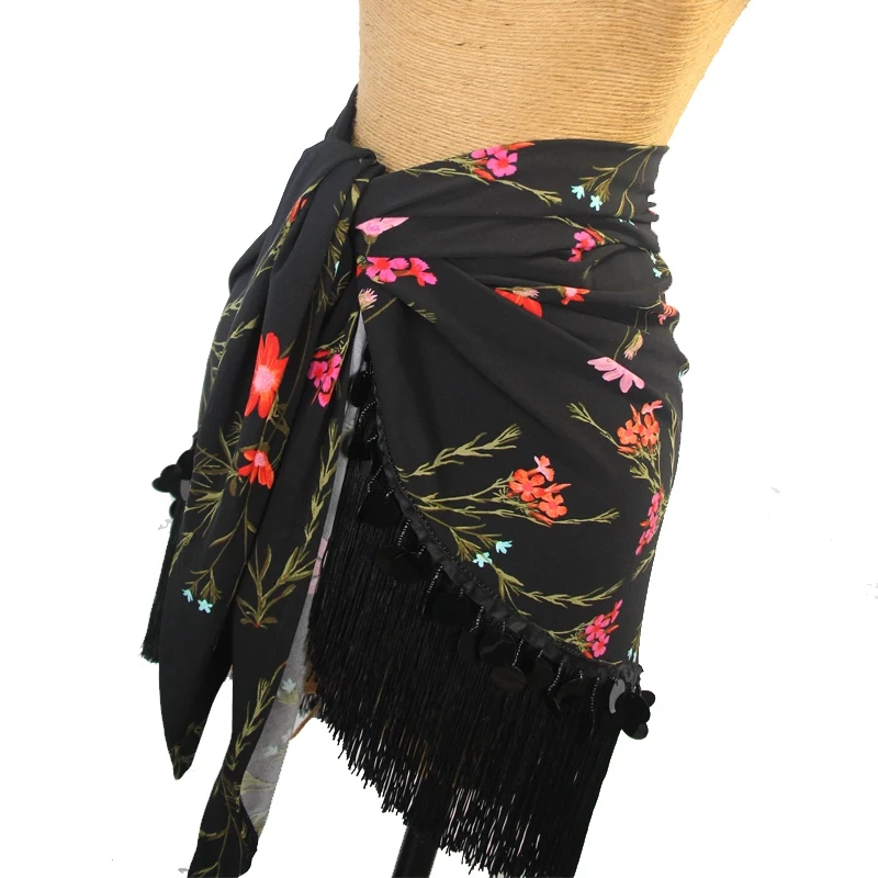 Flower Print Latin Dance Skirt Tassel Hip Scarf Women Rumba Cha Cha Samba Dancing Clothes Adult Latin practice Clothes DNV20769