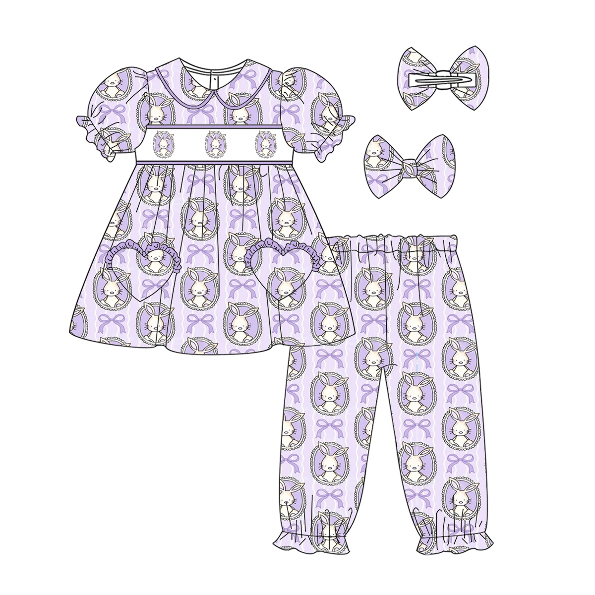 Girls Boys Easter Pajamas Set Boutique Children's Set Bunny Bow Print Short Sleeve Pants Set