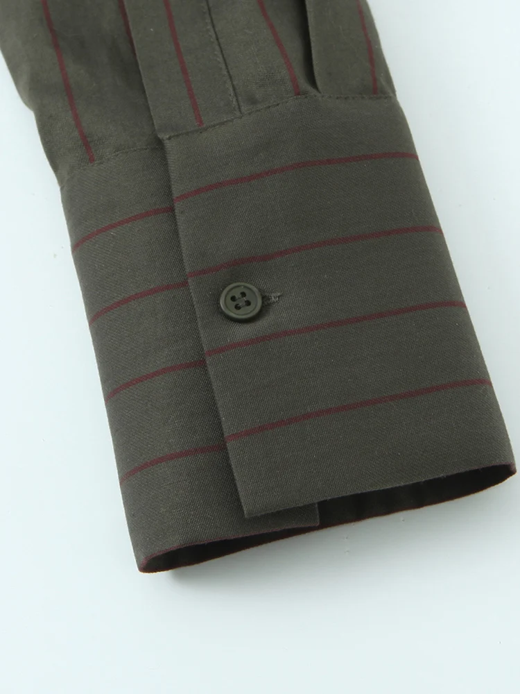 Spring Autumn Stand Collar Long Sleeve Single Breasted Striped Shirts Women Pockets Decoration Blouses Female Casual Wear 2025