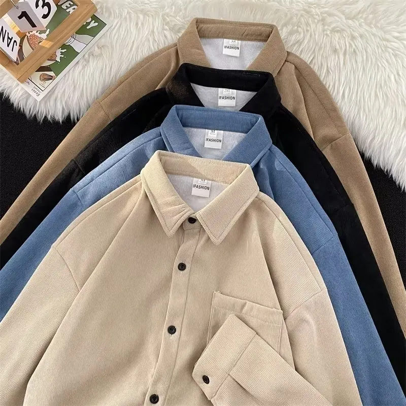 Harajuku Thicken Fleece Men Shirts Korean 6 Colors Man Long Sleeve Blouse 2023 Autumn Winter Male Casual Shirt Tops Streetwear