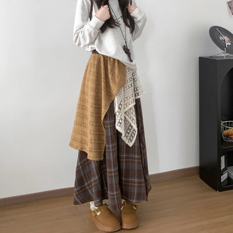 Design irregular rendas retalhos xadrez saias femininas 2025 moda cintura alta plissado saia longa mulher chique guarda-chuva saia feminina