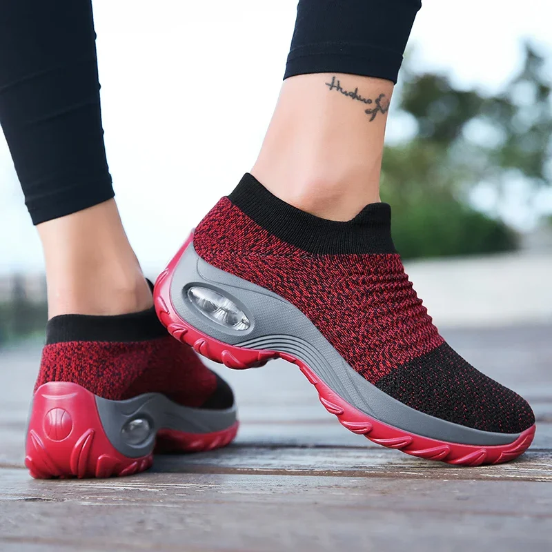 Damen-Walking-Trainer, modische Fly-Weave-Socken-Sneaker, atmungsaktive, bequeme Pflegeschuhe, lässige Plateau-Loafer, rutschfest – Detail 15