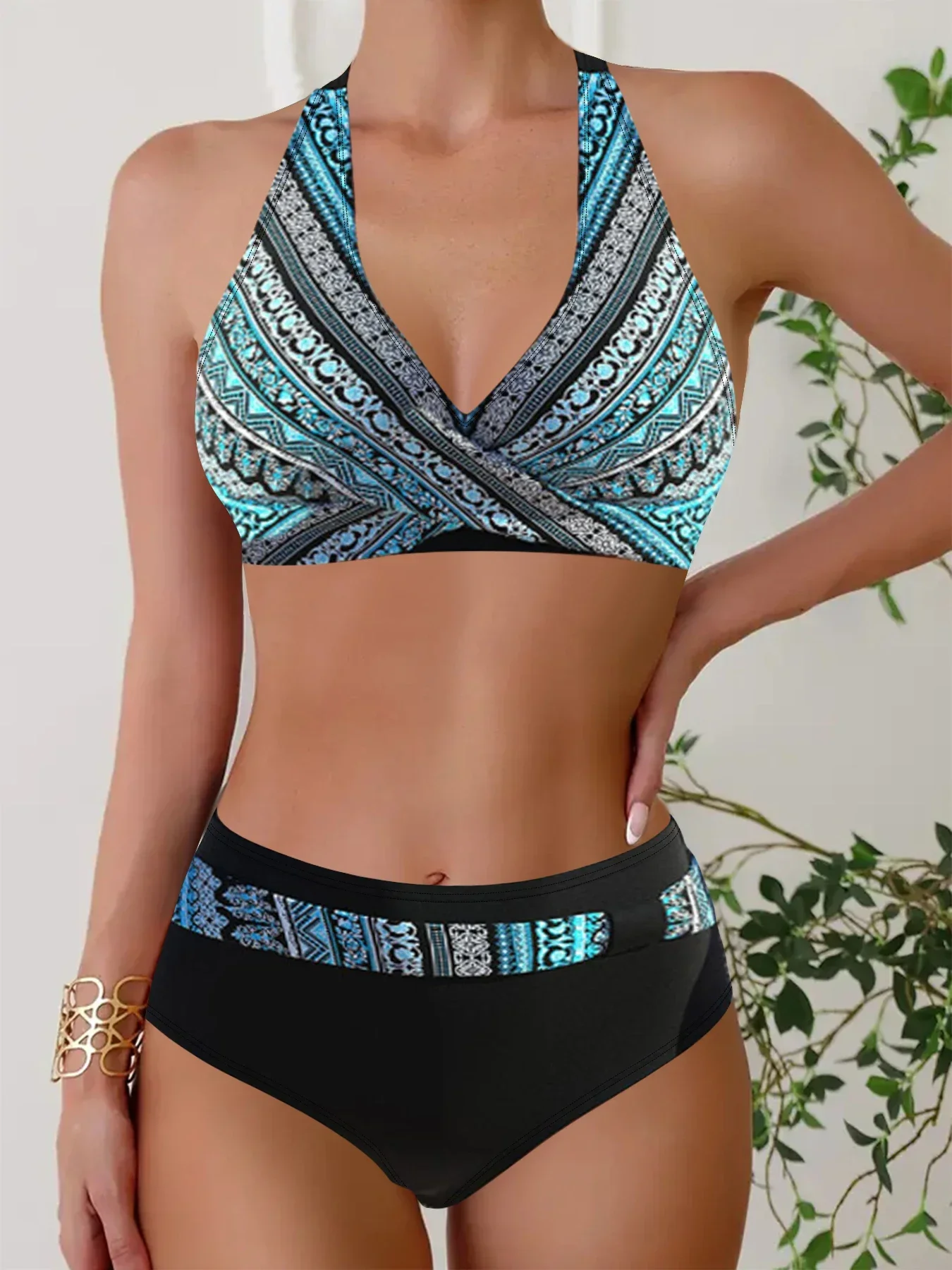 

Summer Women's High-quality Swimsuit Bikini Beach Blue Purple Print Two-piece Set Hanging Neck Swimsuit S-5XL