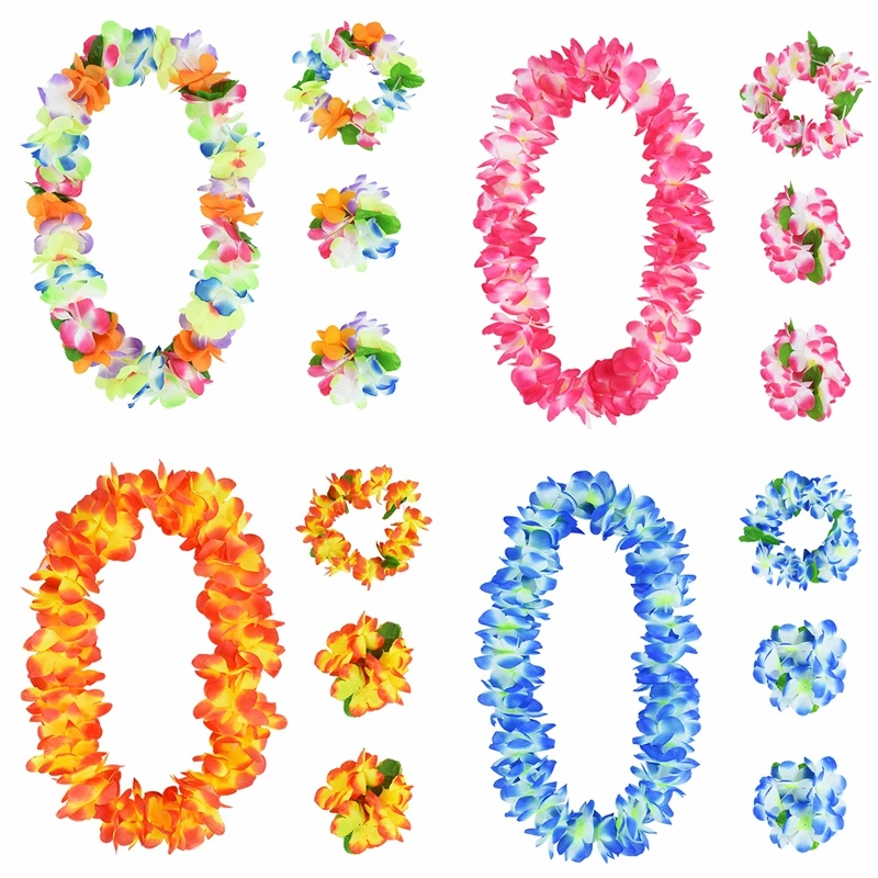 

4Pcs/set Hawaii Party Flower Wreath Garland Hawaiian Artificial Necklace Summer Beach Hawaii Wedding Birthday Party Decorations