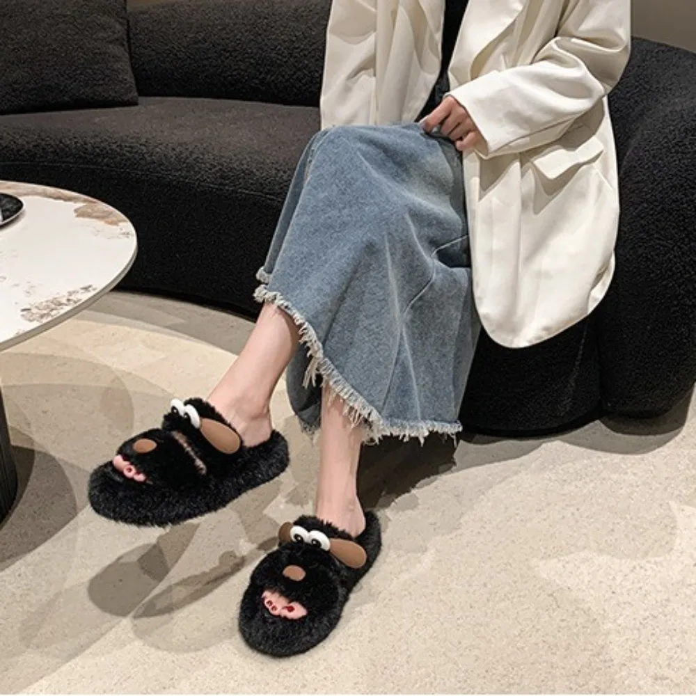 Fashion Cartoon Plush Dog Slippers Anti Slip Open-toe Fur Flat Slippers Thick Homewear Slippers Women Winter