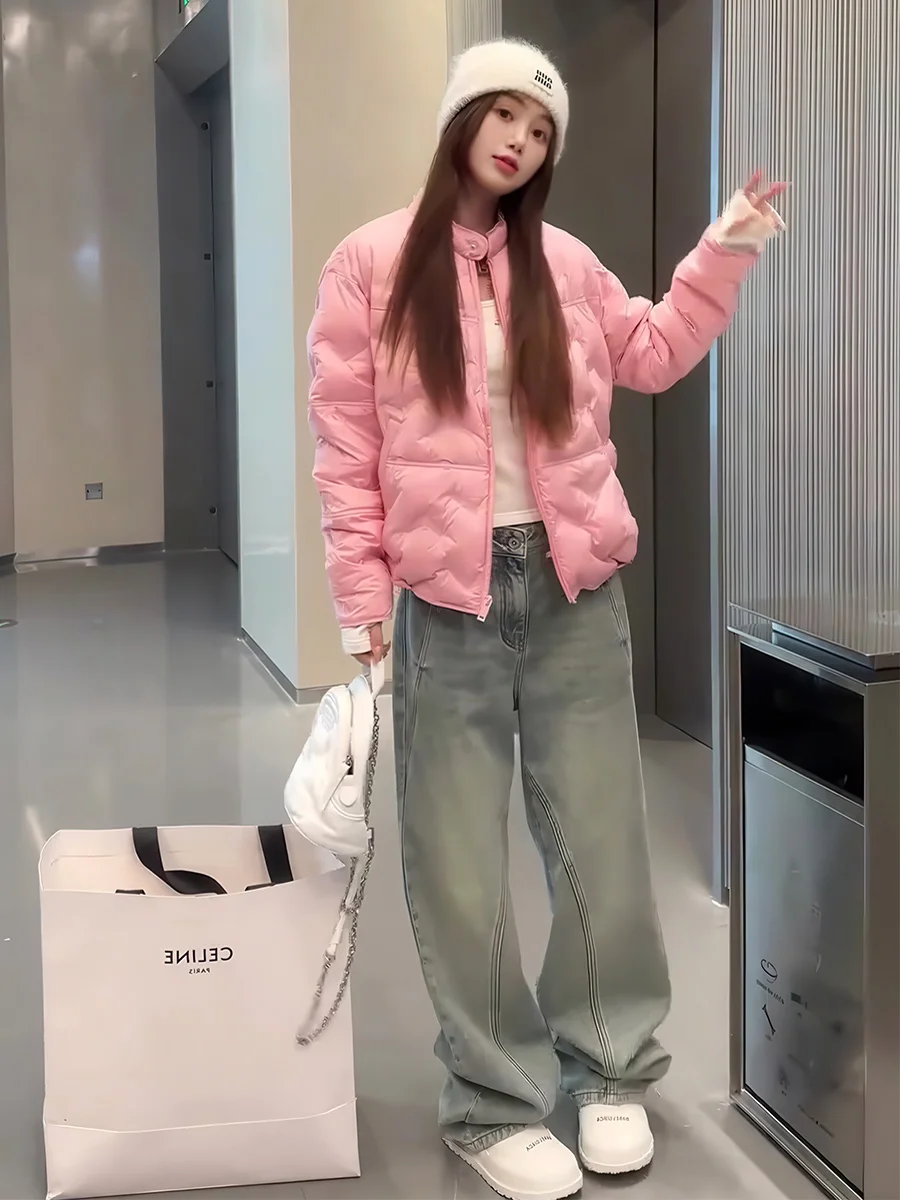 Koreański lekki, ciepły płaszcz puchowy dla kobiet, z wysokim kołnierzem, cienka zimowa odzież wierzchnia dla pań.