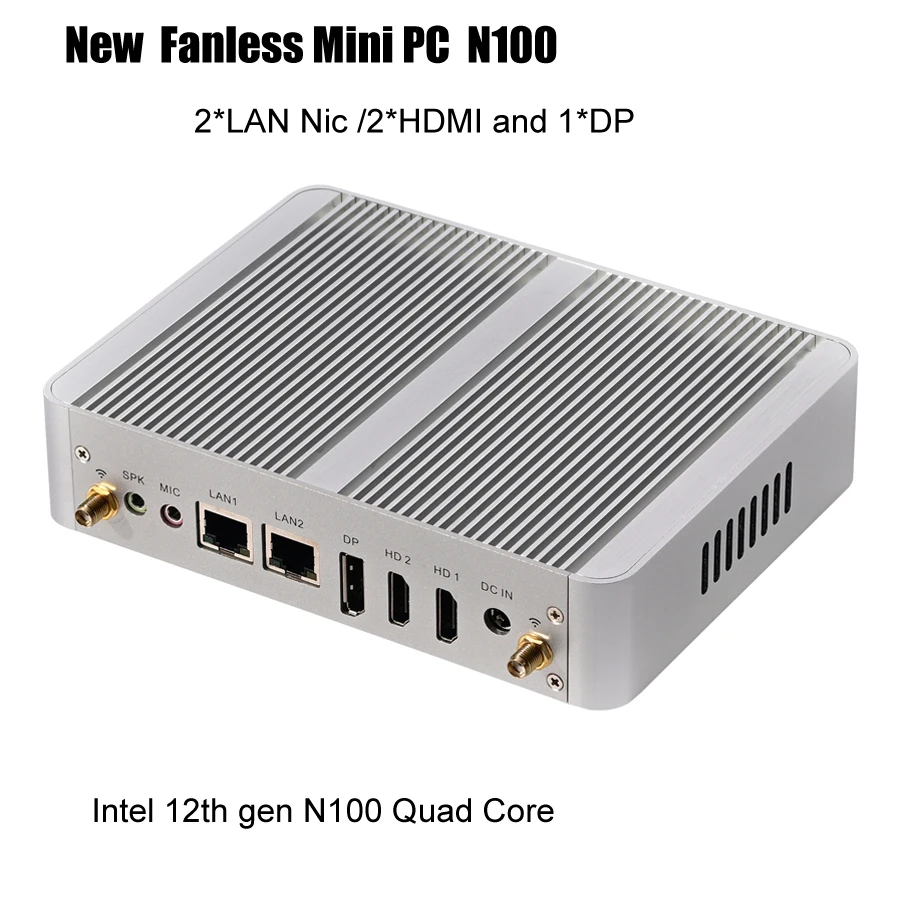12th Gen Fanless Industrial Mini PC Alder Lake N100 Quad Core Dual LAN NVMe Win 11 3x4K UHD HTPC Comupter 2*HD DP 16G DDR4 512G