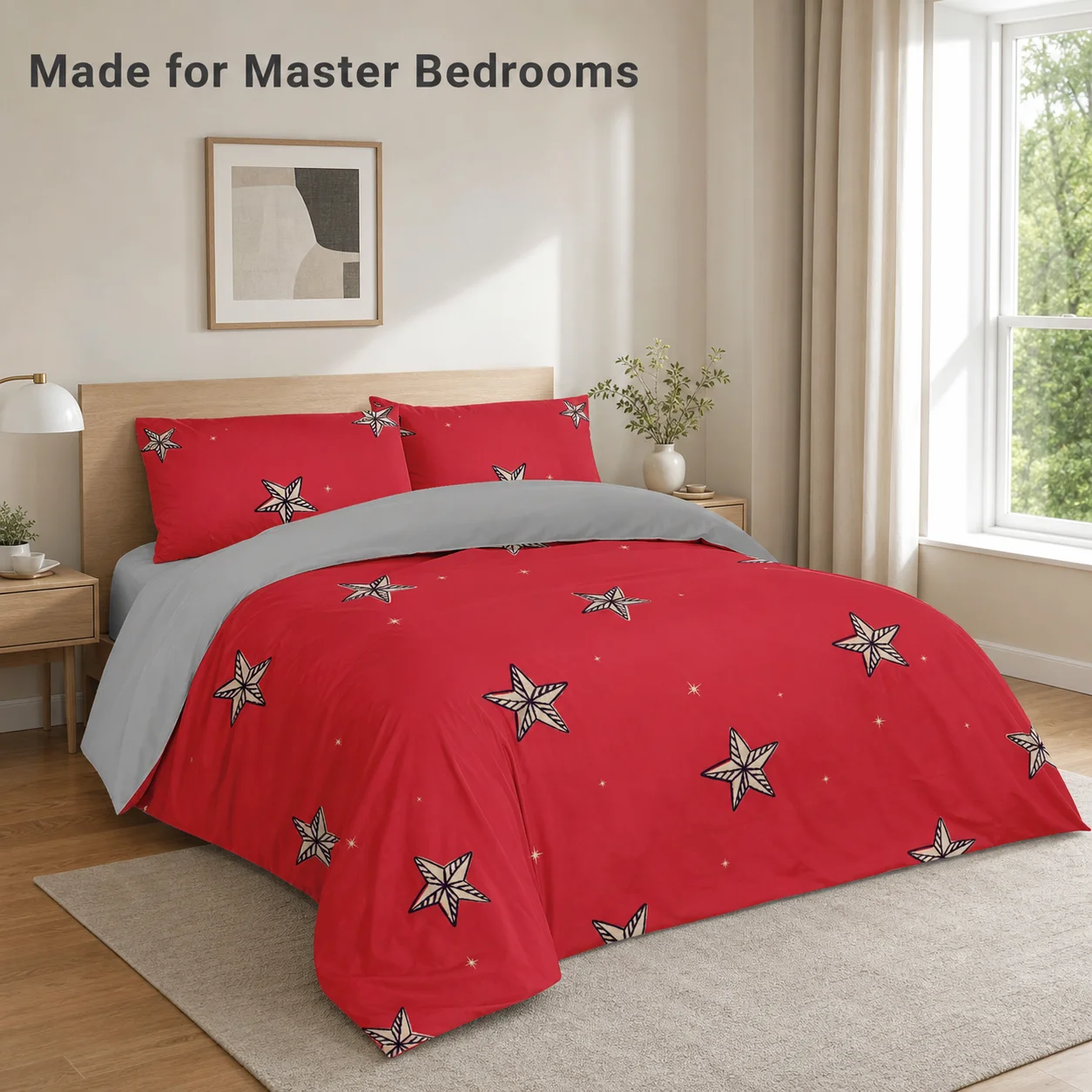 Ensemble de housse de couette en polyester 3 pièces 160×200 cm, literie de chambre à coucher double face rouge et gris à étoiles, 1 housse de couette + 2 taies d'oreiller, insert de couette et inserts d'oreillers non inclus