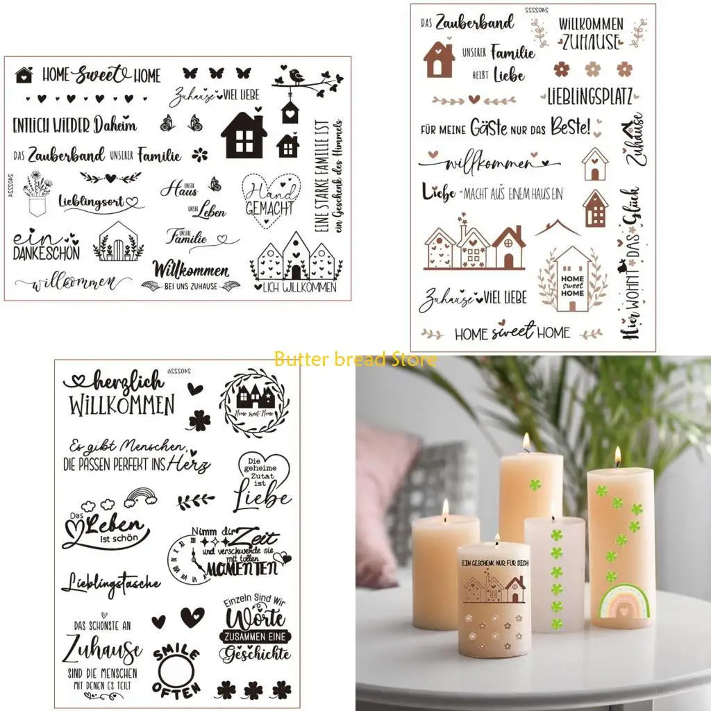 W89C German Blessing Words Rub On Sticker German Blessings Water Transfer Sticker for Candle Glassware Furniture Decoration