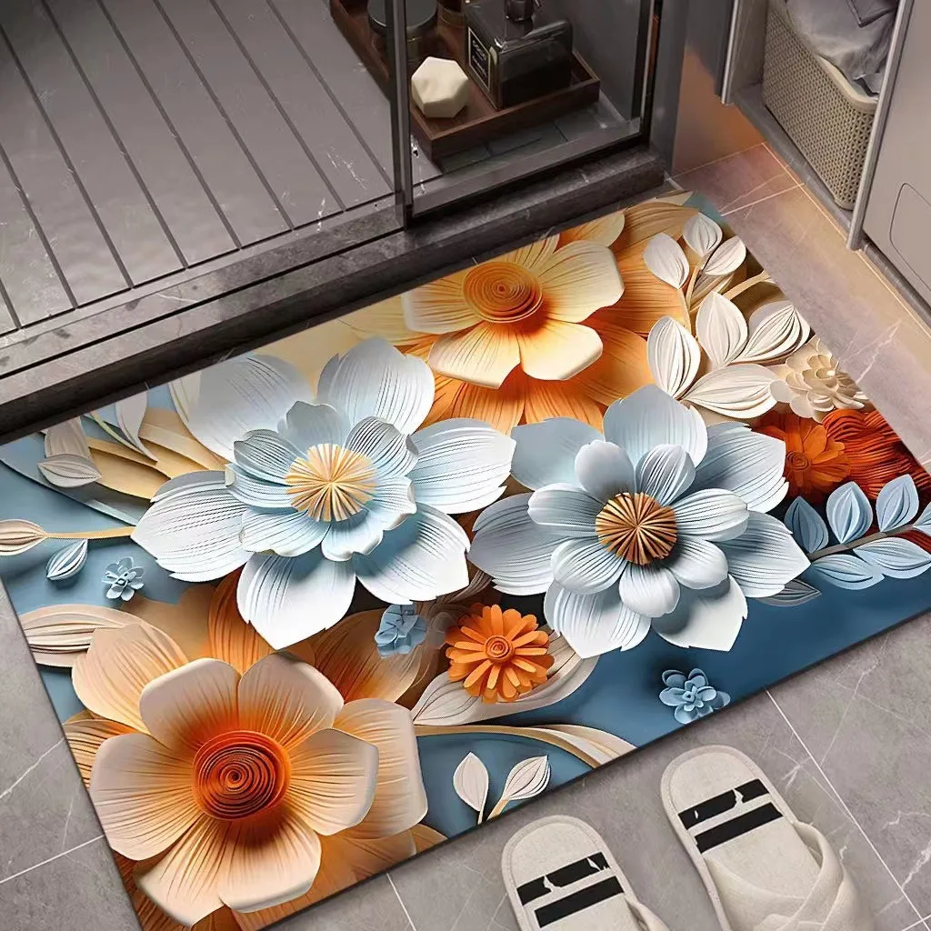 3D Painted Floral Oil Painting Diatomite Floor Mat Anti-slip Anti-fouling Carpet Bathroom Entrance Doormat