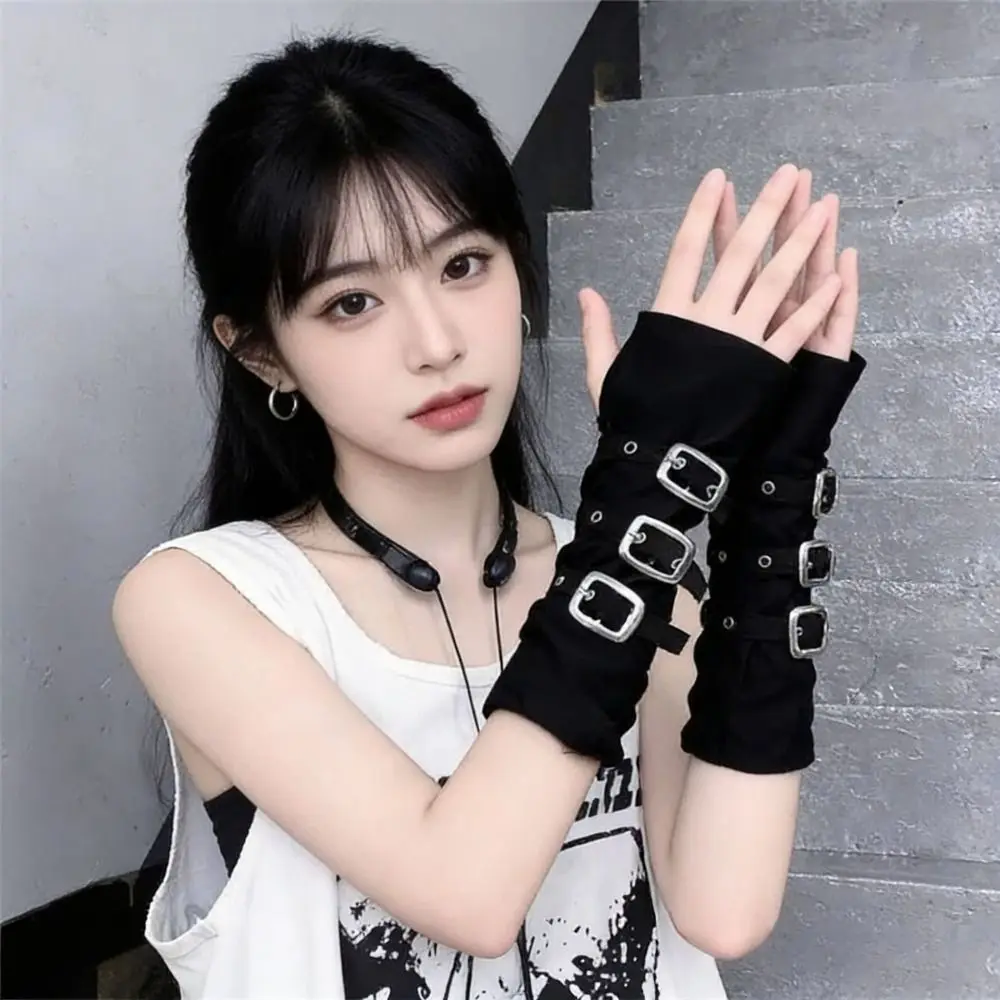 Charm Black Fingerless Gloves Gothic Exaggerated Punk Style Elbow Gloves Hip Hop Party Buckle Design Metal Button Gloves Unisex