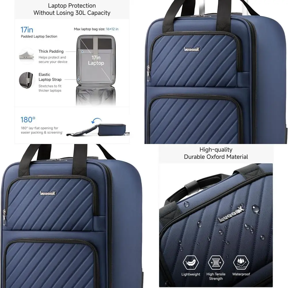 16 Equipaje de mano con asiento inferior de lados blandos: maleta liviana de gran capacidad para viajes cortos (azul/negro)