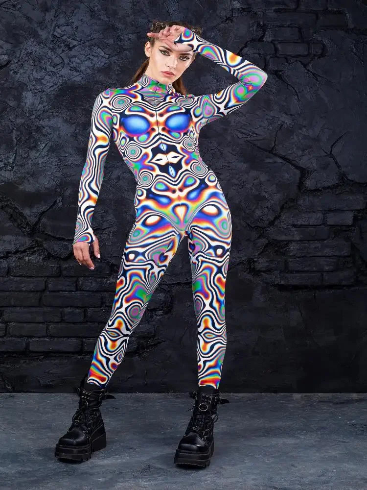 Disfraces de cosplay multicolor para hombres y mujeres, mono Delgado Sexy con estampado 3D steampunk, traje de rendimiento para Halloween, Carnaval y vacaciones