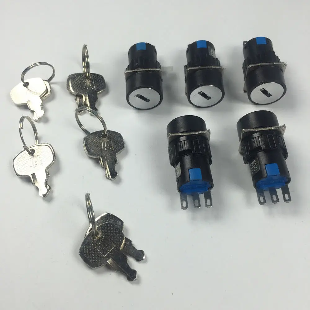 5pcs Round Type 3 Pins 2 Files Rotate Switch With Keys LA16-11Y/2