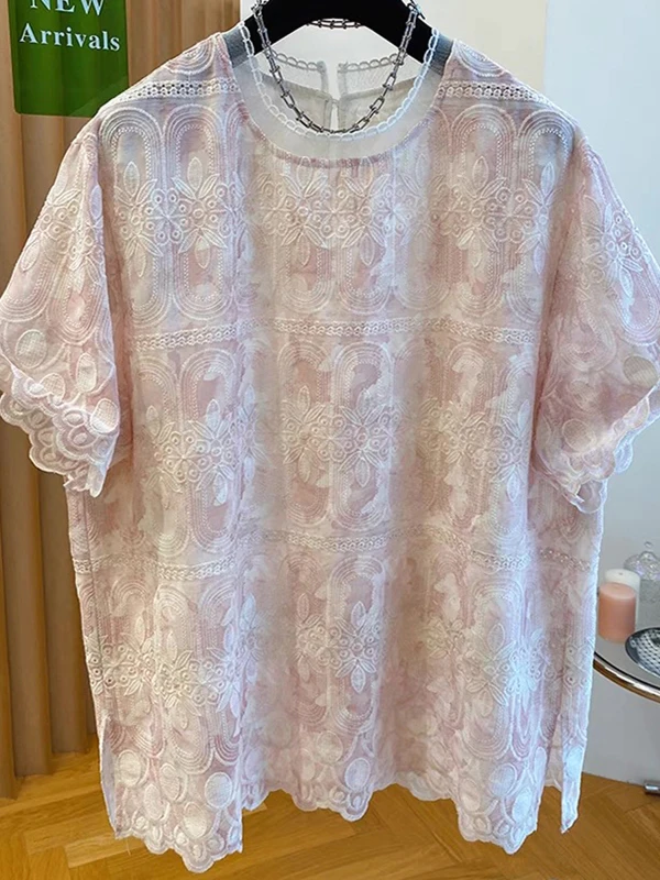 تي شيرت نسائي أنيق بأكمام قصيرة مطرز بالدانتيل، تصميم فضفاض للصيف بنمط كوري مع نقش زهور ورقبة مستديرة