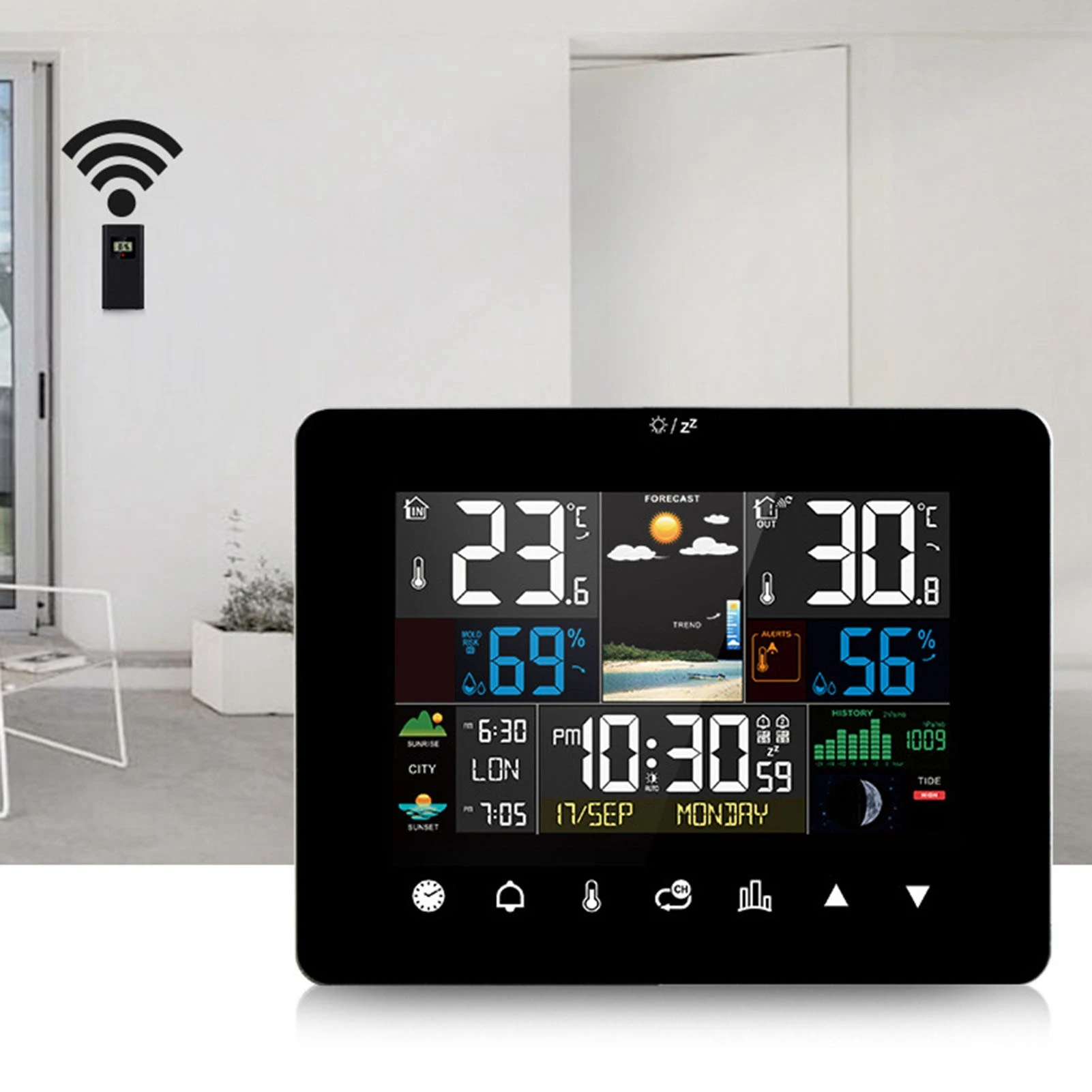 Orologio meteorologico Orologio da 7,8 pollici Temperatura colore Umidità Previsioni meteo Sensore RF wireless Facile da leggere per la data