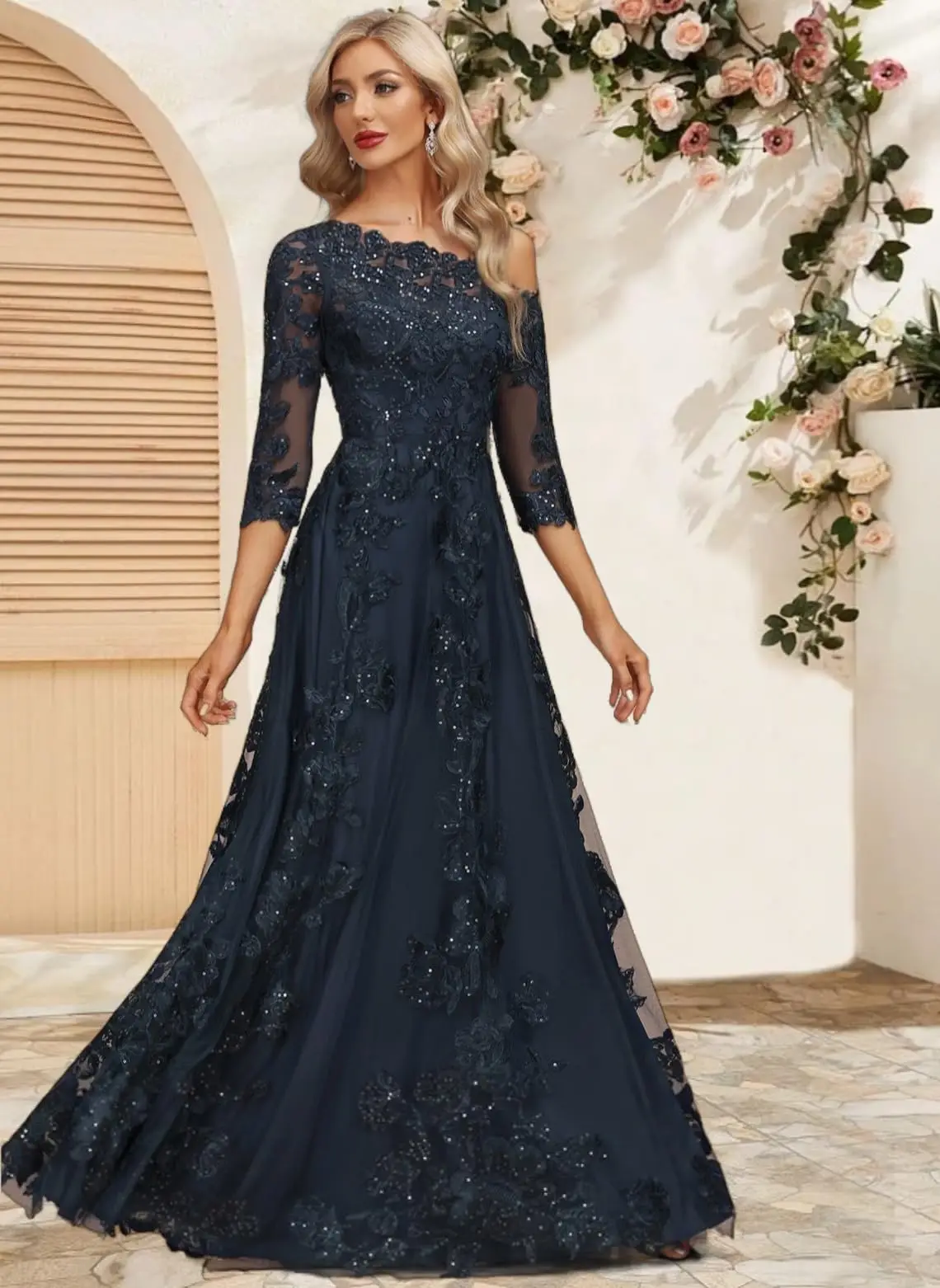 

Long Sleeve Mother of The Bride Dresses for Women A Line Lace Appliqued Formal Dress One Shoulder Tulle Evening Gown