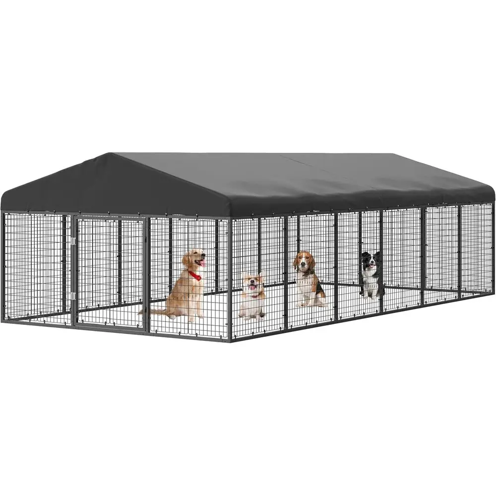 

Outdoor Dog Kennel - Medium/Small Dog Cage with Anti-Rust Coating and Roof, All-Weather Resistant, Double Locks